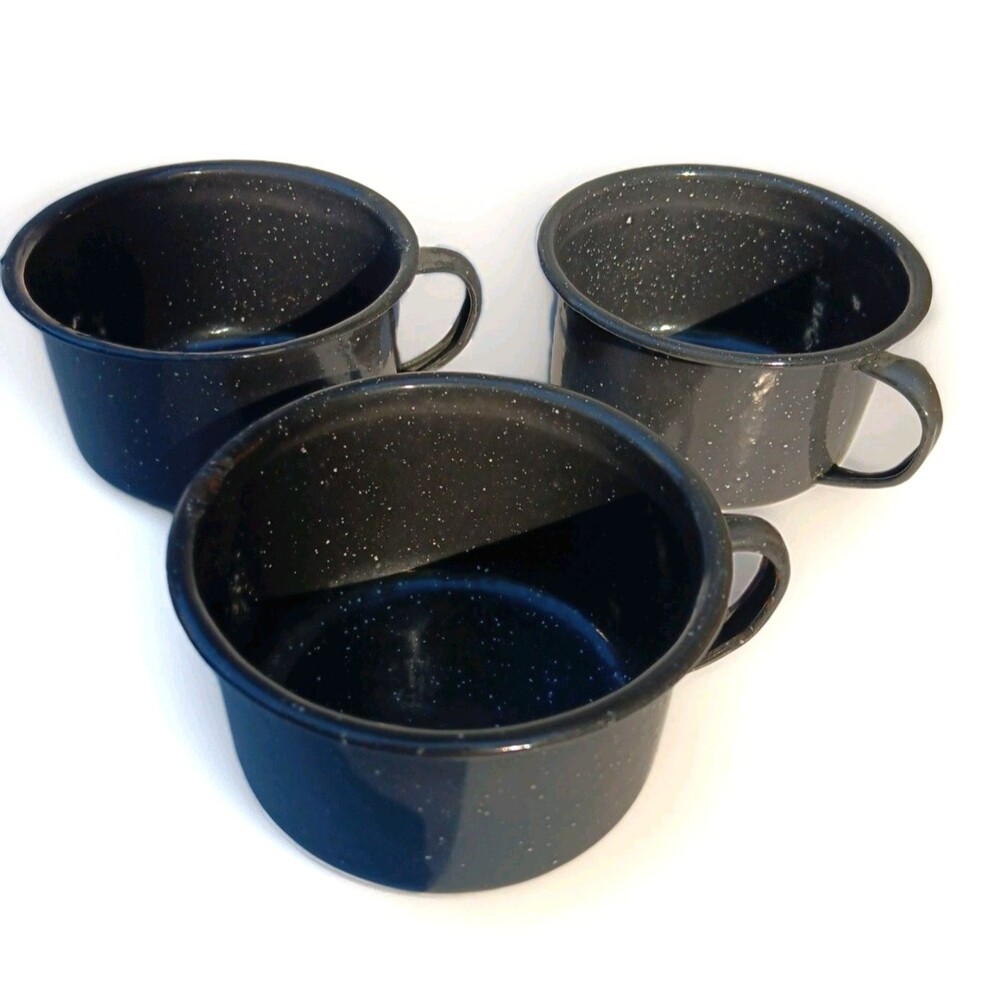 Black Speckled Enamelware Coffee Mugs Cups Set 3 Camping Rustic Stacking